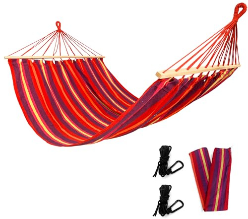 Rijoka Hängematte mit Spreizstange – 200x140cm – Rot gestreift – 1 Person – Inkl. 2 Haken, Seil und Aufbewahrungstasche