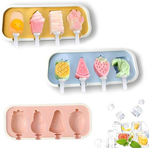 VireEyU Set de 3 Moules à Glace en Silicone avec Couvercles, 12 Bâtonnets Réutilisables, Sans BPA, Parfait pour Enfants et Adultes, Moules à Esquimaux pour le Plaisir d'Été