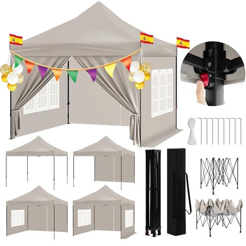 WOLTU Carpa Cenador El Techo en Punta Hace, Pergola Plegable de Jardín, Gazebo Impermeable con Paredes de Tela Oxford, Cenador Pabellón con Ventanas y Puerta de Cremallera, Altura Ajustable,Beis