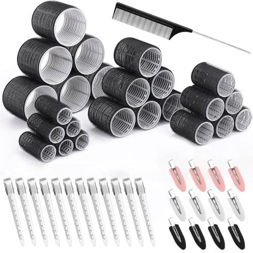 Lockenwickler Locken set, 49 Stücke Selbsthaftend Hair Rollers Groß Lockenwickler Selbsthaftend 64mm 44mm 33mm mit 24 Stücke Klammern für lange mittlere kleine Haar
