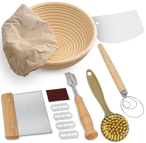 Swice Bread Proofing Basket, Round 9-Inch Banneton Sourdough Starter Kit with Lame, Dough Scraper, Linen Liner, and Basting Brush, Complete Bread Making Supplies and Tools