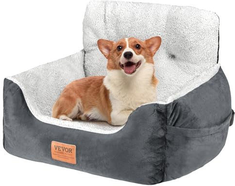 VEVOR Hunde Autositz 55 x 48 x 31 cm, Hundeautositz mit hoher Rückenlehne, Aufbewahrungstasche, ansteckbarer Sicherheitsleine, Füllung aus PP-Baumwolle, Autositz für kleine Hunde bis 9 kg, Grau