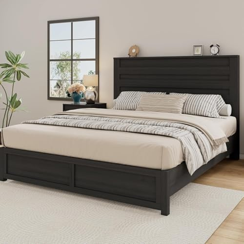 Albott Full Size Bed Frame with 49 Slatted Headboard, Farmhouse Platform Bed with Wood Slat Support, No Box Spring Needed,Easy Assembly, Black