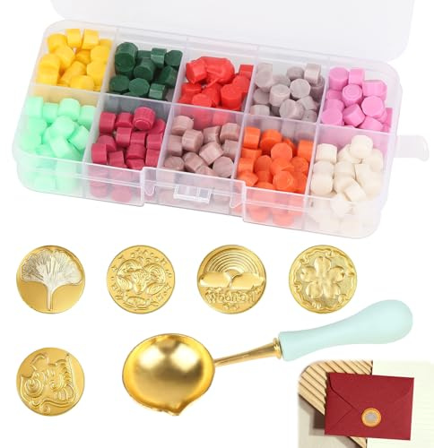 Wax Seal Kit, Wax Seal Stamp, 300Pcs Sealing Wax Beads with 5 Interchangeable Stamp Heads and Melting Spoon Complete DIY Seal Set for Envelopes Invitations Gift Wrapping Crafts and Wine Packaging