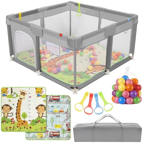 Altaudia Parco giochi per 120x120 cm + Tappeto + 50 palline + Borse per il trasporto – Box per bambini con rete traspirante – Parco giochi divertente per bambini - Grigio