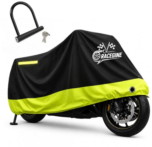 RACEGINE - Funda Moto Impermeable, Candado Antirrobo Incluido, Cubre Moto Universal,| Cubierta Exterior Protección Lluvia, Sol, Nieve, Polvo y Rayos UV | Amarillo Flúor Alta Visibilidad