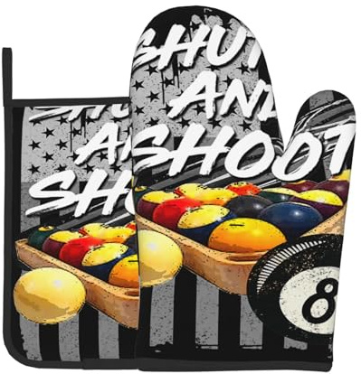 Mavsetn Shut Up and Shoot Billiards American Flag Oven Mitts and Pot Holders Sets Kitchen Mitts Potholders Heat Resistant Oven Gloves Hot Pads for Baking Cooking BBQ