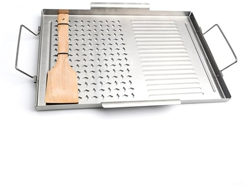 RichVibe Placa de parrilla de acero inoxidable con asas de madera, para sartén grande sin barbacoa, cocina interior al aire libre, plata, 43 x 29 cm