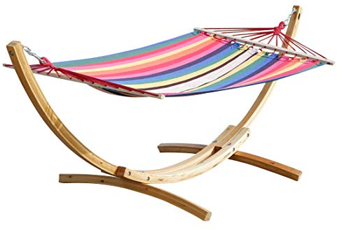 ALEOS. Hängemattengestell 320cm mit Hängematte Blanca-Rojo Hängematte mit Gestell aus Holz Lärche Natur mit Stabhängematte