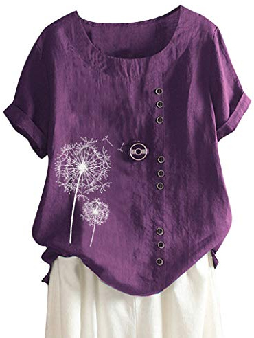 XUETON Womens Henley Shirt Casual Loose Button Linen Blouse Plus Size Short Sleeve Print Boho Tanic Shirts Tops Purple