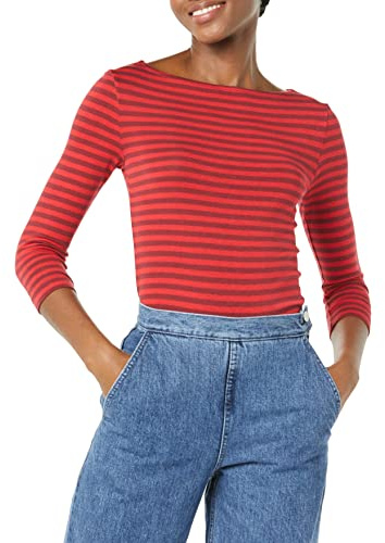 Amazon Essentials Women's Slim-Fit 3/4 Sleeve Solid Boat Neck T-Shirt, Red Burgundy Stripes, S