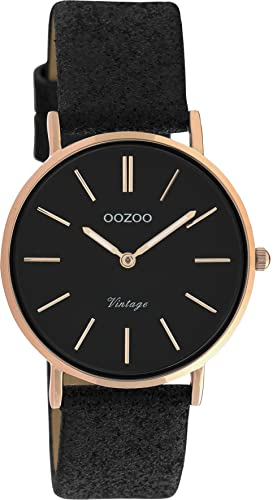 Oozoo Vintage Armbanduhr mit Glitzer Lederband 32 MM Rosegoldfarben/Schwarz/Schwarz C20159