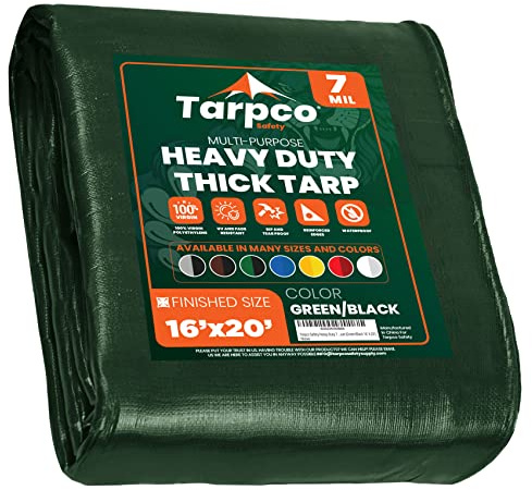 Tarpco Safety - Tarpaulin Waterproof Heavy Duty(130 g/m²|16′ X 20′ | 4.85m X 6.1m|Green/Black-7 Mil) UV Resistant, Tear Proof, Protective Poly Tarpaulin with Reinforced Edges for Multi-purpose usage