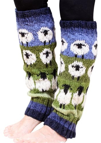 Pachamama kvinnor 100 % ull benvärmare handstickad flock av får design blå flerfärgad normal passform handgjord extra varm, flerfärgad, en storlek
