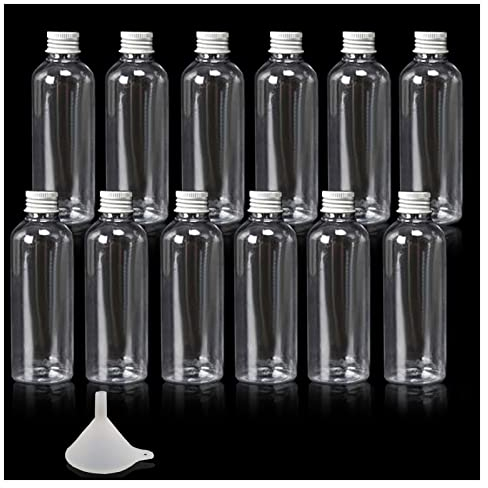 Kitnish Alcohol Bottles 60ml Plastic Bottles with Silver Screw Caps, Reusable Empty Bottles with Funnel, Parties and Weddings, Small Favor Bottles (Pack of 12)