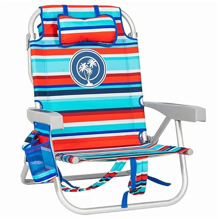Topline Deluxe Portable Backpack Beach Chair - Lightweight Red Blue Striped Folding Sun Lounger Deck Chair with Card. Great for Outdoors, Beach, Camping, Picnics or Fishing