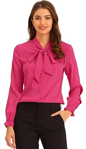Allegra K Women's Elegant Bow Tie Neck Blouse Ruffle Long Sleeve Work Chiffon Shirt Top Hot Pink S