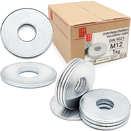 Lun Fix groß Unterlegscheiben M12 - DIN 9021 1kg (ca. 45 stk.) Verzinkter Stahl Karosseriescheiben für Schrauben Flach Beilagscheiben für Gewindebolzen Gewindestangen Flat Washers für Muttern