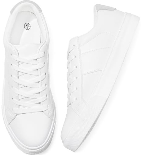Adokoo Women's Fashion Sneakers PU Leather Casual Shoes White Tennis Low Top Shoes Womens Lace Up Sneakers(White,US9)