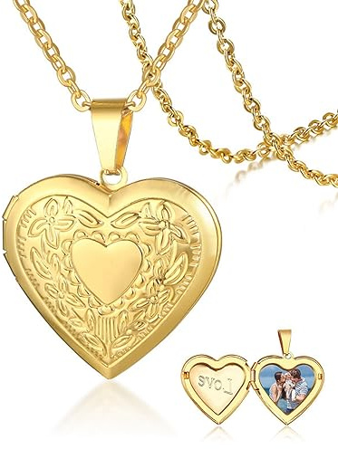 NEHZUS Mujeres Niñas Relicario Collar Platino 18K Oro Foto Relicarios que sostienen la imagen,Cadena 50cm Regalo Personalizado Personalizado Amor Corazón Imagen Collares (oro con grabado y foto)