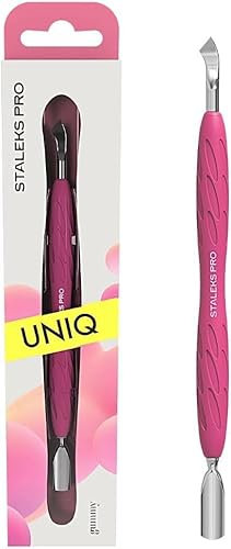 STALEKS PRO Empujador de cutículas doble (empujador estrecho redondeado y hoja doblada) con mango de silicona Gummy. Acero inoxidable. UNIQ 10/4.2