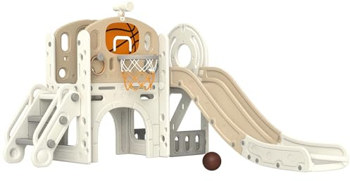 Qaba 7-in-1 Toddler Slide Playset, Kids Slide for Ages 1-6 Years with Ring Toss, Basketball Hoop, Telescope, Indoor Playground with Climber, Storage Space, Crawl Tunnel, Cream White