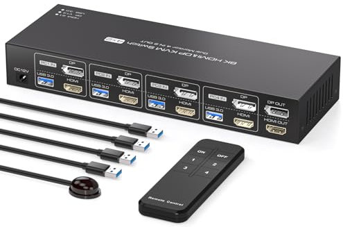 PVBCTCSID 8K Displayport HDMI KVM Switch 4 Computers 2 Monitors 4K144Hz for 4 PC Sharing Dual Monitor and 4 USB 3.0 port with Remote Control Support Extended/Copy Mode（Not supporting EDID）