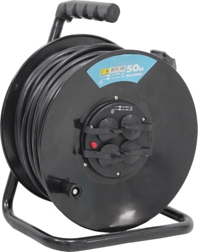 Enrouleur extensible de 50 m, 4T, 3 x 2,5 mm, IP44, fabriqué en bois, idéal pour une utilisation en extérieur et en atelier.