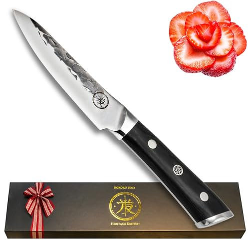 4.5” Professional Paring Knife – Hand Forged Small Kitchen Knife with Dark Wood Handle, Razor Sharp, Full Tang – from British Fusion Atelier Kokoro – A Thoughtful Gift for Cooks and Foodies