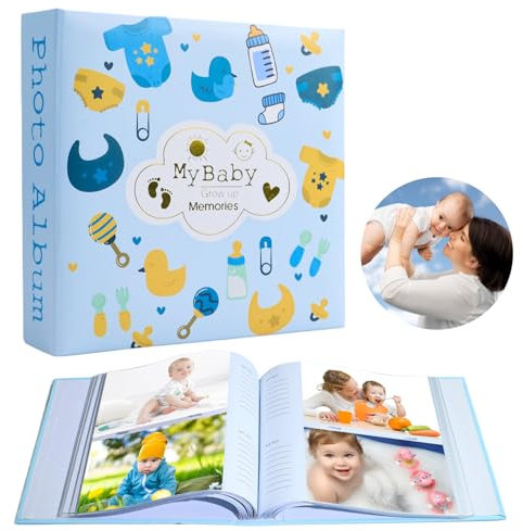 Album Libro Ricordi Nascita Bambino Neonato, Fotografico 10x15 cm, per Bambini e Genitori - Blu