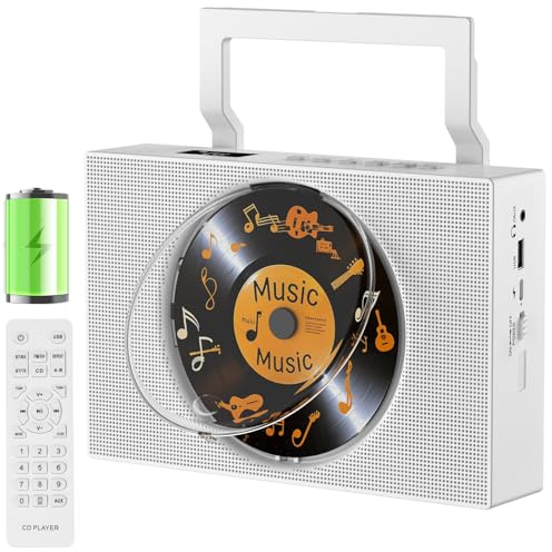 Gueray Lecteur CD Portable avec Radio: Lecteur CD Bluetooth avec Poignée, Haut-parleurs, écran Télécommande Compatible avec la Lecture en Boucle Lecture AUX 3,5 mm Prise Casque Radio FM USB Type-C MP3
