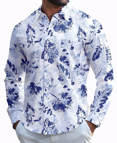 ELETOP Men's Shirts Long Sleeve Floral Shirts Business Casual Work Button Down Dress Shirts with Pocket