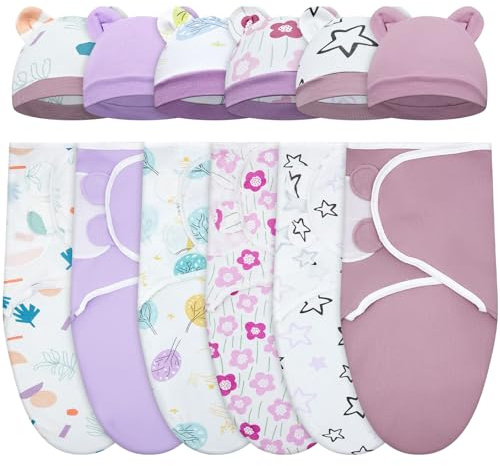 Ramede 6 Pack Swaddle Blanket with Hats for Baby Girl Boy 100% Cotton Swaddles 0-3 Months, Adjustable Breathable Skin Friendly Receiving Blanket Wrap, Essential for Newborns(Tree,Purple)