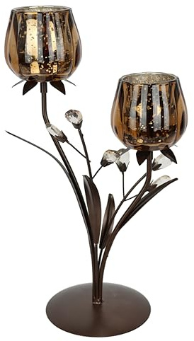 Kerzenhalter aus Metall mit Glas-Schalen Teelichthalter Kerzenständer Kerzenleuchter modern Blumen Design Braun Gold Wohnzimmer Deko Tischdeko Geschenkidee Stimmungslicht romantische Deko Valentinstag