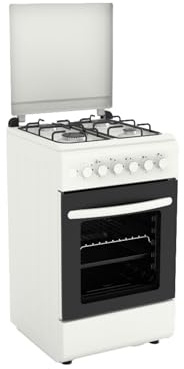 Cucina a Gas Libera Installazione Bianco 50x50 cm, 4 Fuochi, Forno a Gas 49L, Piano Smaltato con Coperchio Moderna e compatta