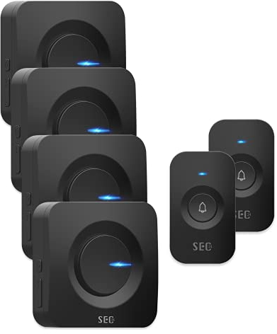 SEC24 Funkklingel Set, 2 Einsteck-Türgong 2 Batterieversorgung Funk-LED-Gong und 2 Doorbell Chime Funkklingeltaster,Kabellose Türklingel,Haustür Klingel Set,52 Klingeltönen,Schwarz