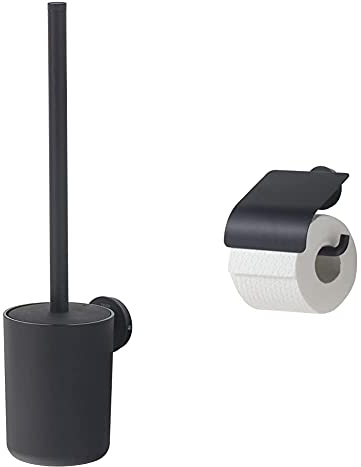 Tiger Urban Toilettenbürste, Farbe: Schwarz, WC-Bürstengarnitur zur Wandbefestigung & Urban Toilettenpapierhalter mit Deckel, schwenkbar, Farbe: Schwarz