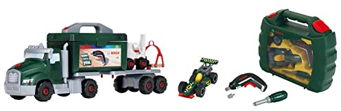 Theo Klein 8640 Bosch Schraubtruck Spiel-Set mit Ixolino I Konstruktions-Spielzeug mit Werkzeug & 8395 Werkzeugkoffer-Set Bosch Grand Prix mit Ixolino-Akkuschrauber | Schraubbarer Rennwagen