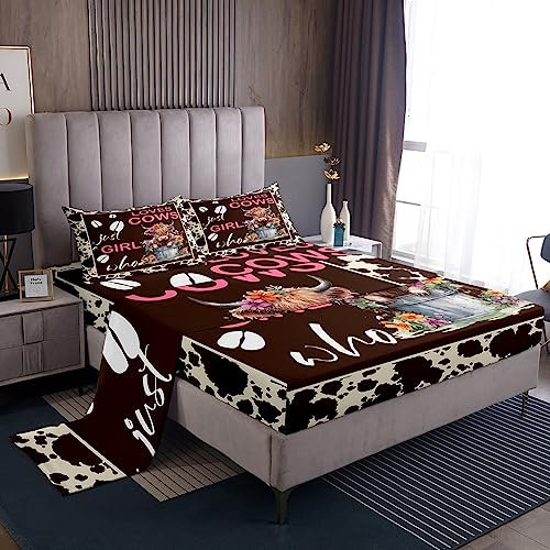 Highland Cow Bettwäsche-Set dunkelbraunes Rindsleder-Bettlaken-Set für Mädchen, Jungen, Kinder, Longhorn, Stier, Rinder, Blumen, flaches Spannbetttuch, Westerntiere, Bettwäsche-Set, King-Size-Bett,
