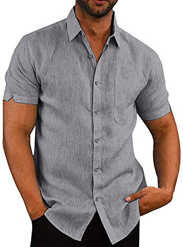 Glacspyg Leinenhemd Herren Kurzarm Leinenhemd Arbeit Freizeithemd Fit Business Casual Urlaub Sommer Strand Hemd Grau 2XL