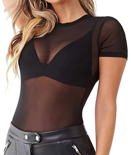EMOTTOS Damen Sexy Spitze Tops, Slim Fit Tulle Mesh Durchsichtig Kurze Ärmel, Rundhalsausschnitt Masche Shirts für Frauen, Weibliche Sexy Leotard Clubwear(Schwarz-M)