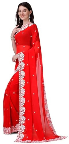 Estationeryhouse Women's Georgette Embroidery Border Work Designer Saree with Blouse Piece (Red)