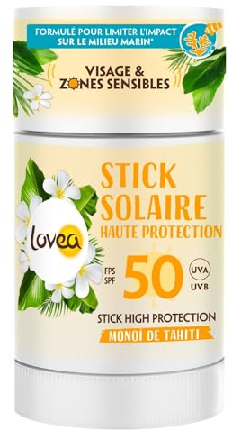 LOVEA - Stick Solaire FPS 50 - Haute Protection Visage & Zones Sensibles - Monoï De Tahiti - Protection UVA/UVB - Fini Invisible & Résistant À L'Eau - Vegan - Fabriqué En France - 40 g