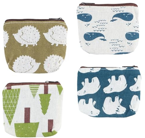 Dokeno 4 Pezzi Portamonete Ragazzo Ragazza Design Animale Portamonete Piccolo Portachiavi Portafoglio Piccola Borsa di Tela con Cerniera per Carte Denaro Monete