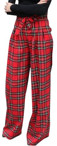 Women's Tartan Plaid Print Pants High Waisted Wide Leg Baggy Palazzo Pants with Belt, Red, Large