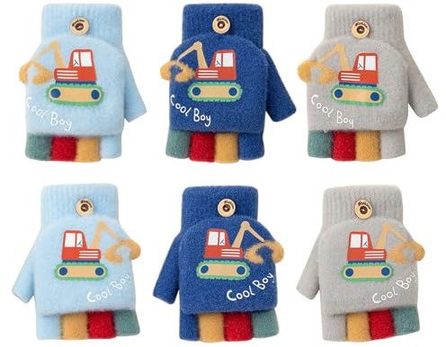 QKURT 3 Paia di Guanti Senza Dita per Bambini, Guanti Convertibili con Motivo Elevatore, Guanti a Mezze Dita, Guanti Caldi per l'Inverno, Guanti Magici Elastici per Bambini e Bambine dai 5 ai 12 Anni