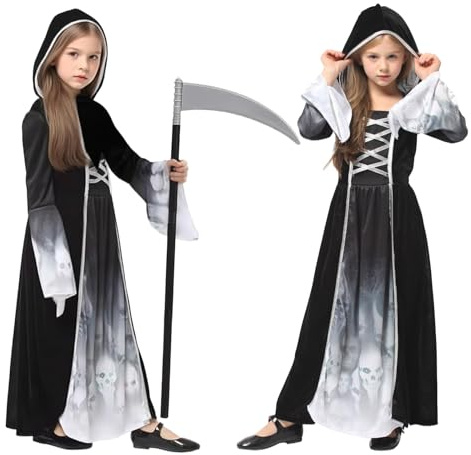 GLEEMEN Sensenmann Kostüm Mädchen, Gespensterprinzessin Kostüm mit Sense Schwarz Halloween Kostüm, Sensenmann Umhang mit Kapuze, Kinder Reaper Costume für Halloween Karneval Cosplay (L:8–10 Jahre)