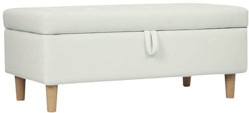 HOMCOM Puff Almacenaje Baúl Tapizado de Terciopelo 100x50x43 cm con Patas de Madera Capacidad 71L Soporta 240 kg Banco Almacenaje para Dormitorio Pasillo Salón Blanco Crema