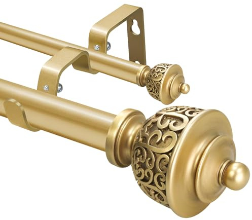 Tringle à rideaux double dorée de 2,5 cm avec embouts de style vintage - Tringle à rideaux de 122 à 213 cm pour chambre à coucher et décoration d'intérieur
