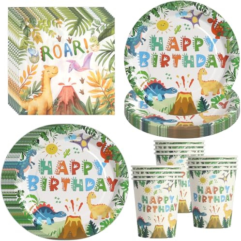 PYAILI Lot de 52 pièces thème dinosaures Assiettes, gobelets et serviettes pour décoration d'anniversaire enfants thème dinosaure, pour 16 invités